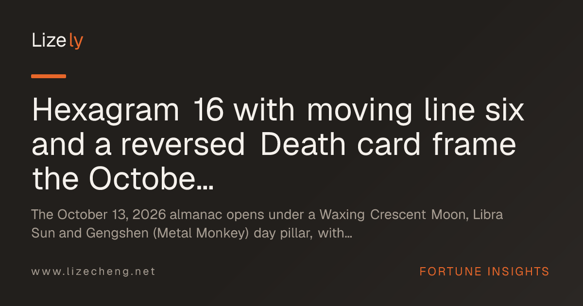 Hexagram 16 with moving line six and a reversed Death card frame the October 13, 2026 daily fortune column