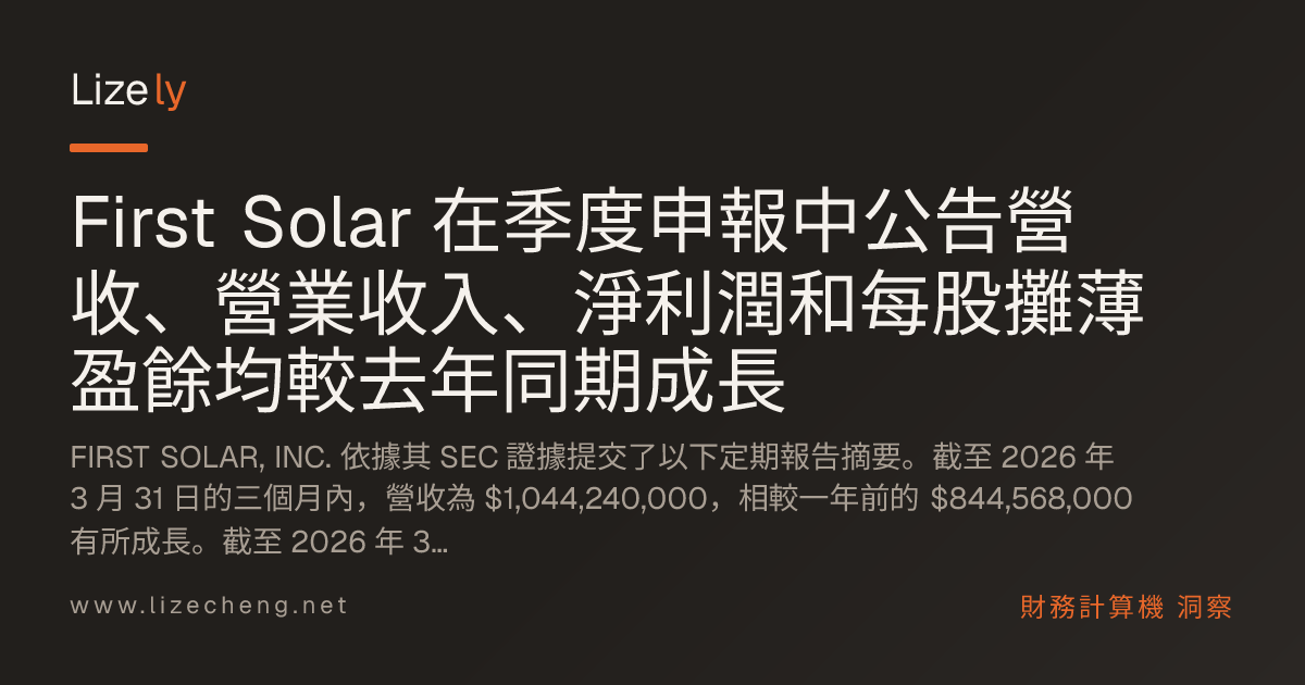 First Solar 在季度申報中公告營收、營業收入、淨利潤和每股攤薄盈餘均較去年同期成長