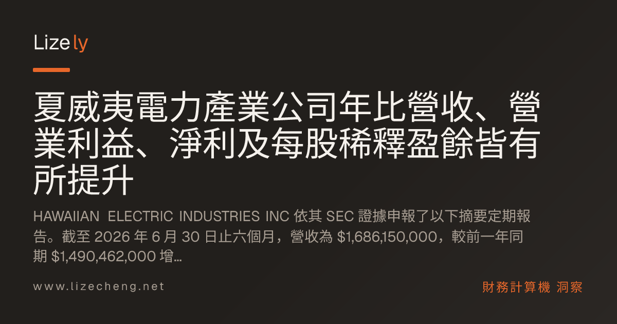 夏威夷電力產業公司年比營收、營業利益、淨利及每股稀釋盈餘皆有所提升