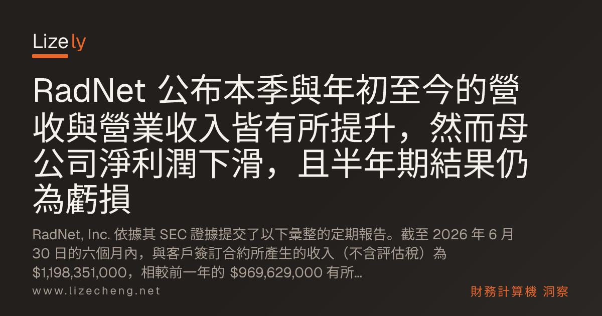 RadNet 公布本季與年初至今的營收與營業收入皆有所提升，然而母公司淨利潤下滑，且半年期結果仍為虧損