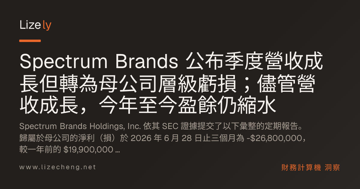 Spectrum Brands 公布季度營收成長但轉為母公司層級虧損；儘管營收成長，今年至今盈餘仍縮水