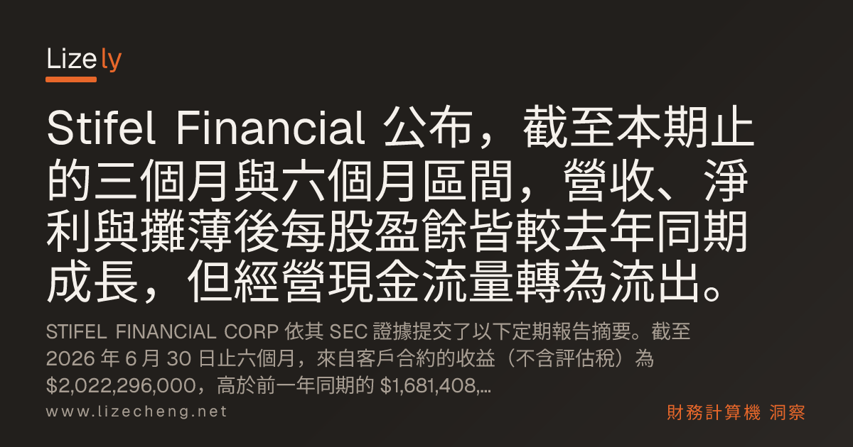 Stifel Financial 公布，截至本期止的三個月與六個月區間，營收、淨利與攤薄後每股盈餘皆較去年同期成長，但經營現金流量轉為流出。