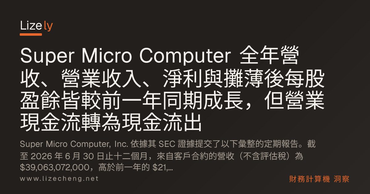 Super Micro Computer 全年營收、營業收入、淨利與攤薄後每股盈餘皆較前一年同期成長，但營業現金流轉為現金流出