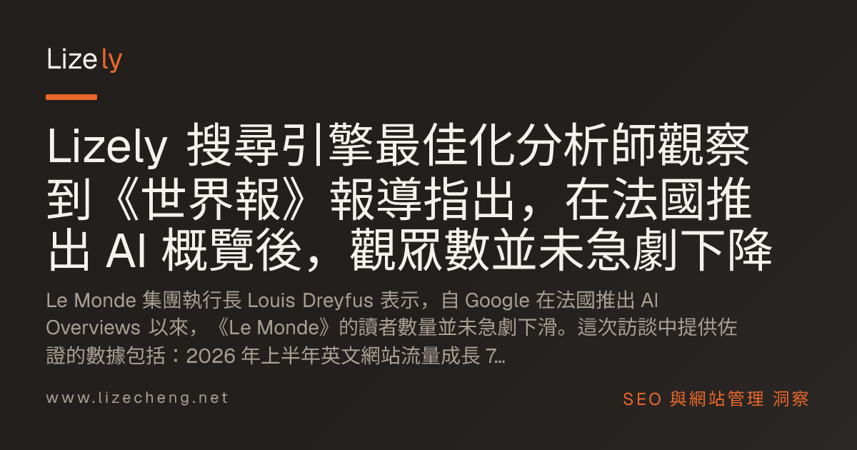 Lizely 搜尋引擎最佳化分析師觀察到《世界報》報導指出，在法國推出 AI 概覽後，觀眾數並未急劇下降