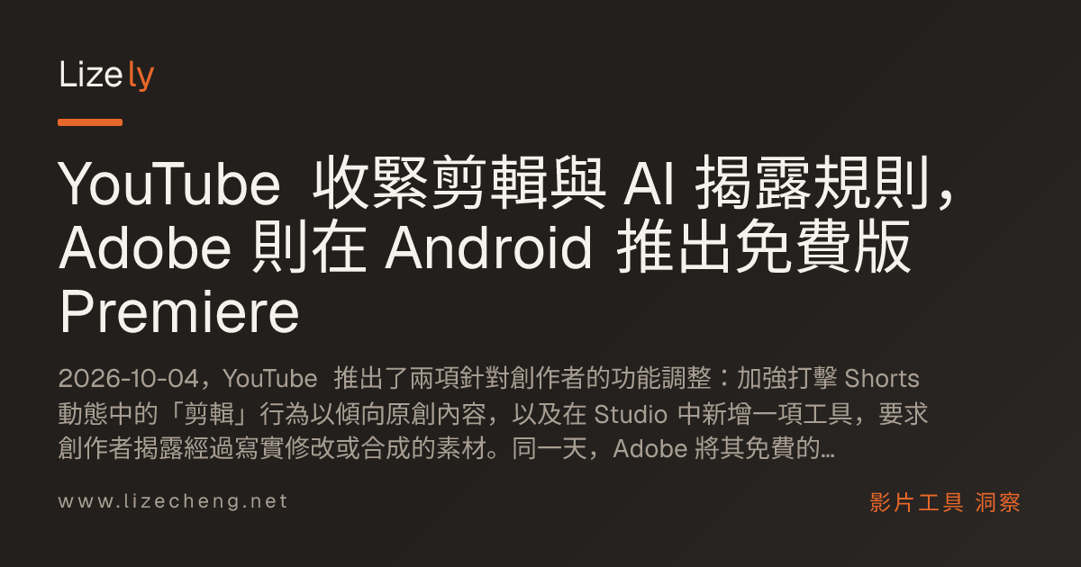 YouTube 收緊剪輯與 AI 揭露規則，Adobe 則在 Android 推出免費版 Premiere